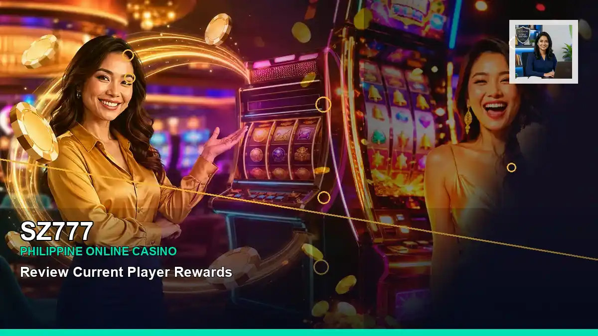 SZ777 Philippines casino guide with left-framed gold jackpot slot games and an adult Filipina casino host